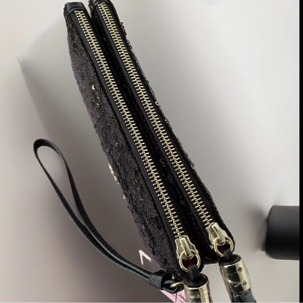 NWT Juicy Couture Gold and Black Sequin Double Zipper Wristlet Clutch - Picture 3 of 6